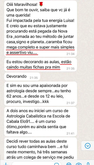 Conversa WhatsApp — resultado aluna Viver de Mapa Astral